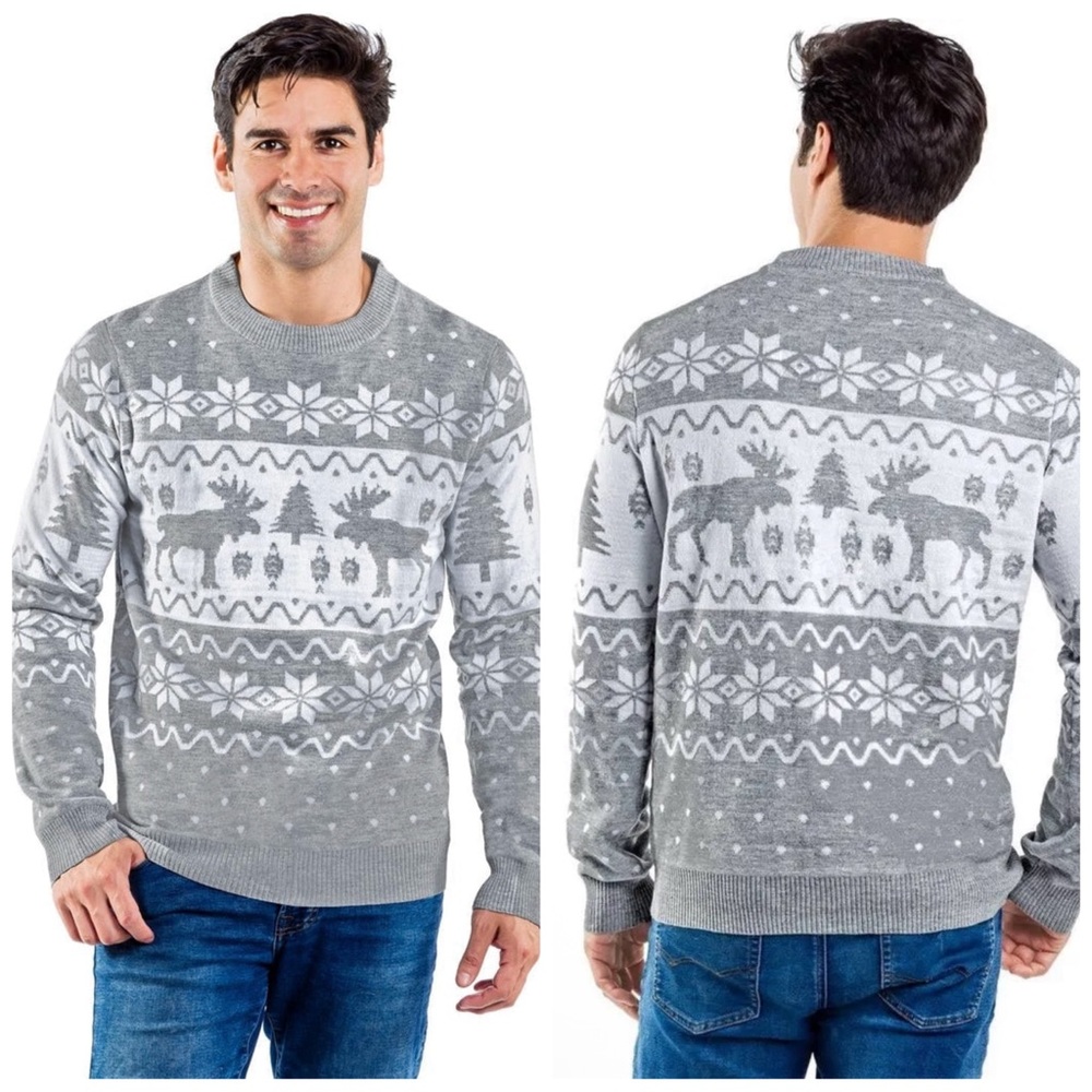 •TIPSY‎ ELVES• Men’s Merry Moose Ugly Christmas Sweater in Gray & White Size L